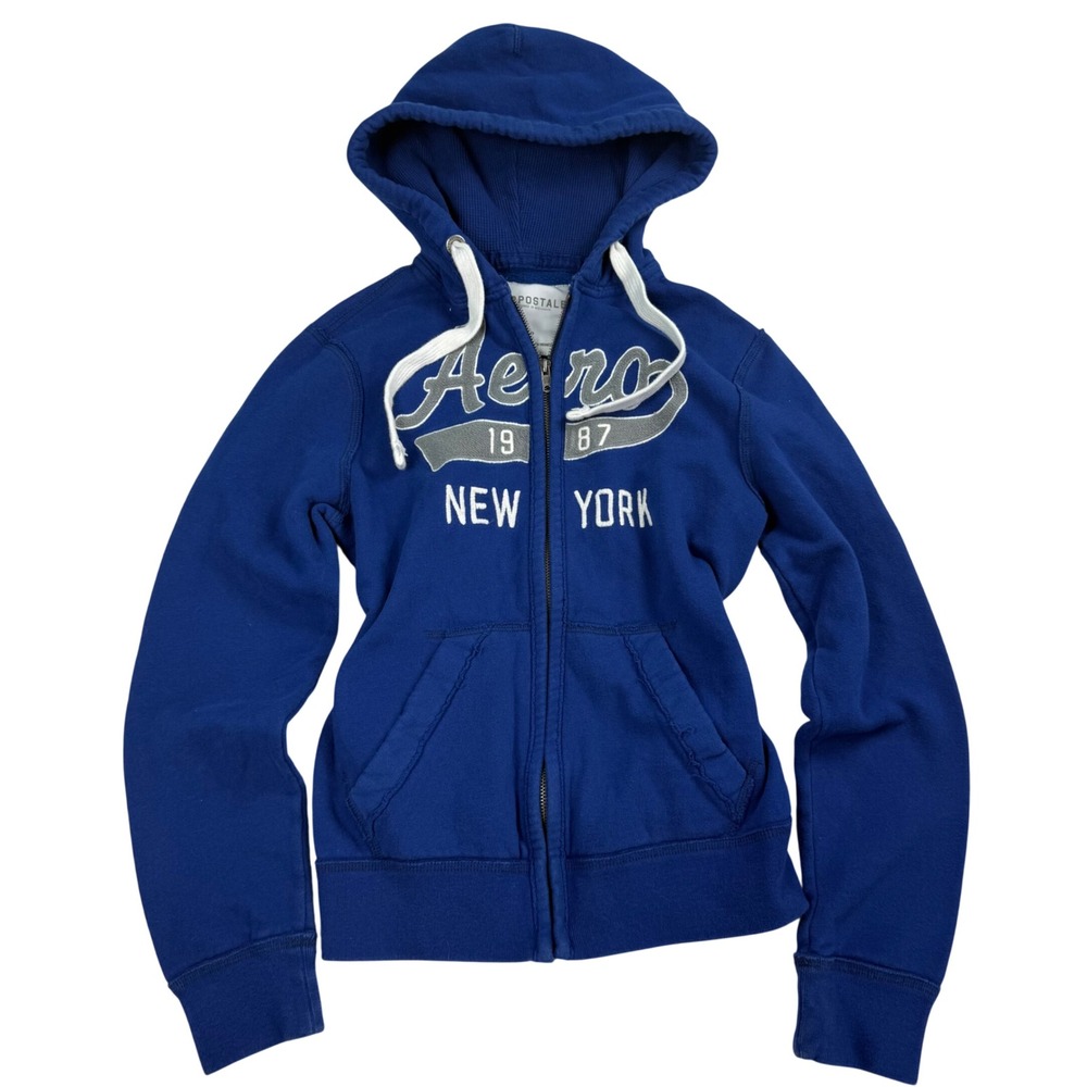 VTG Aeropostale Sz XS Blue Full Zip Hoodie Aero 1987 New York Puff print Y2K